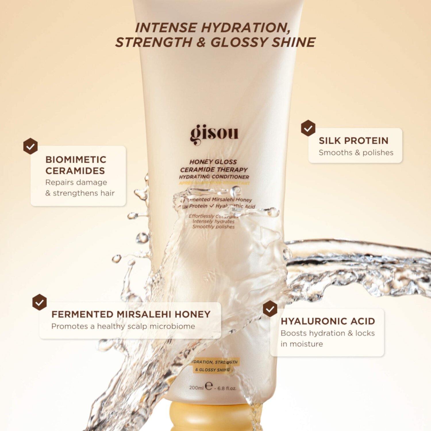 Gisou Honey Gloss Ceramide Therapy Hydrating Conditioner, Кондиционер для волос с ферментированным медом и шелковыми протеинами, увлажняющий, 200 мл 3