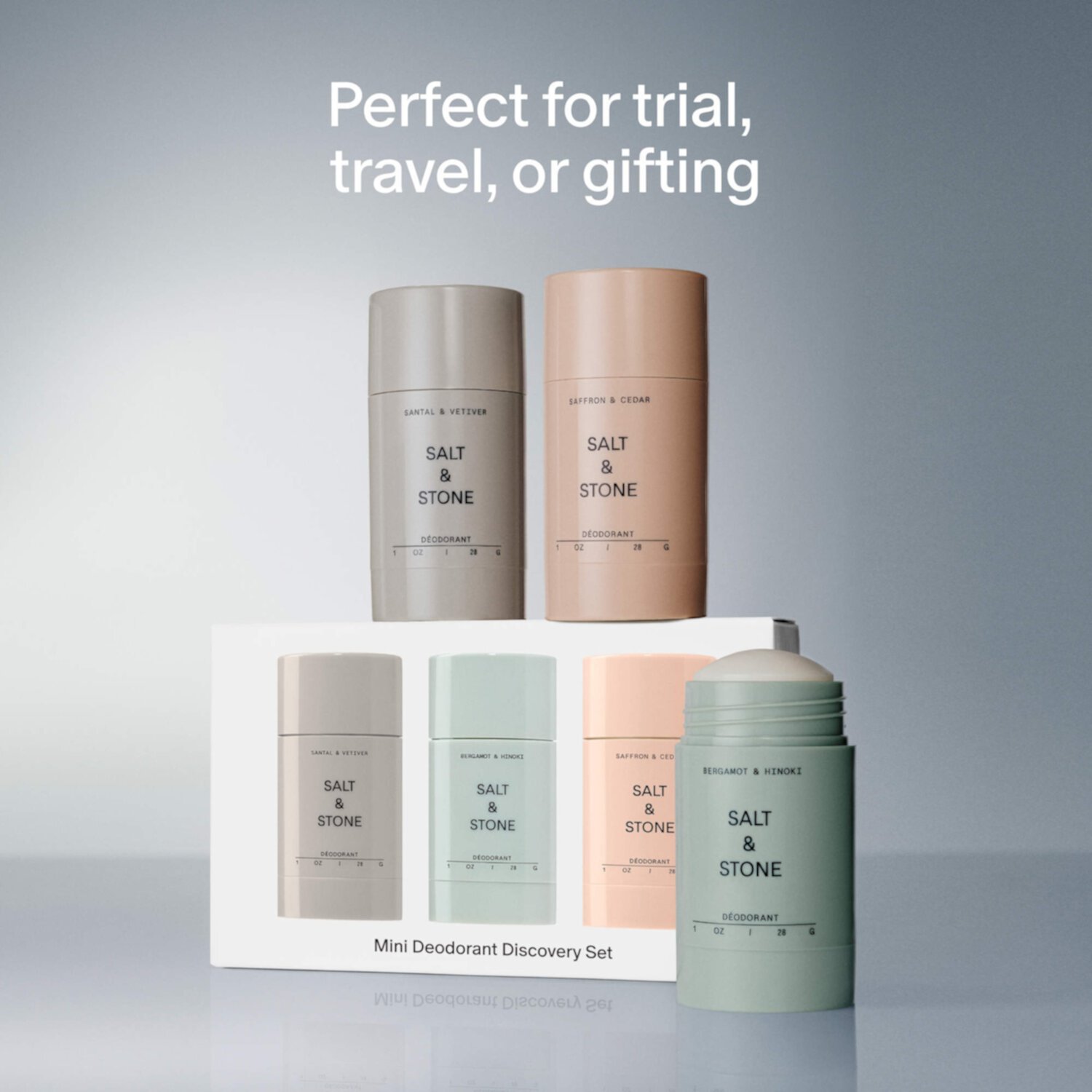 Salt & Stone Mini Deodorant Discovery Set Набор мини-дезодорантов для путешествий с тремя запахами, 3 x 28 г, 48-часовая защита 4